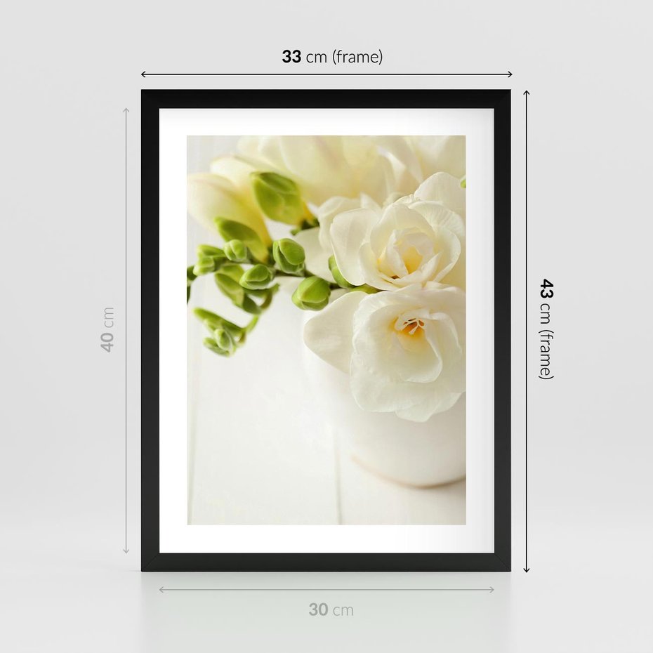 Plakat w ramie 30x40 - Subtelność białych frezji - frezja, białe - rama czarna