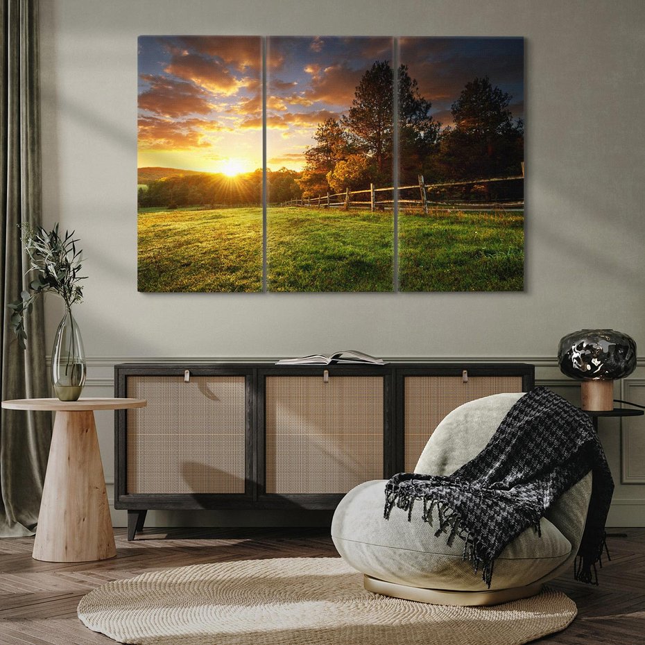 Obraz na płótnie 120x80 - Urok zachodu słońca na łące z drzewami - łąka, zachód