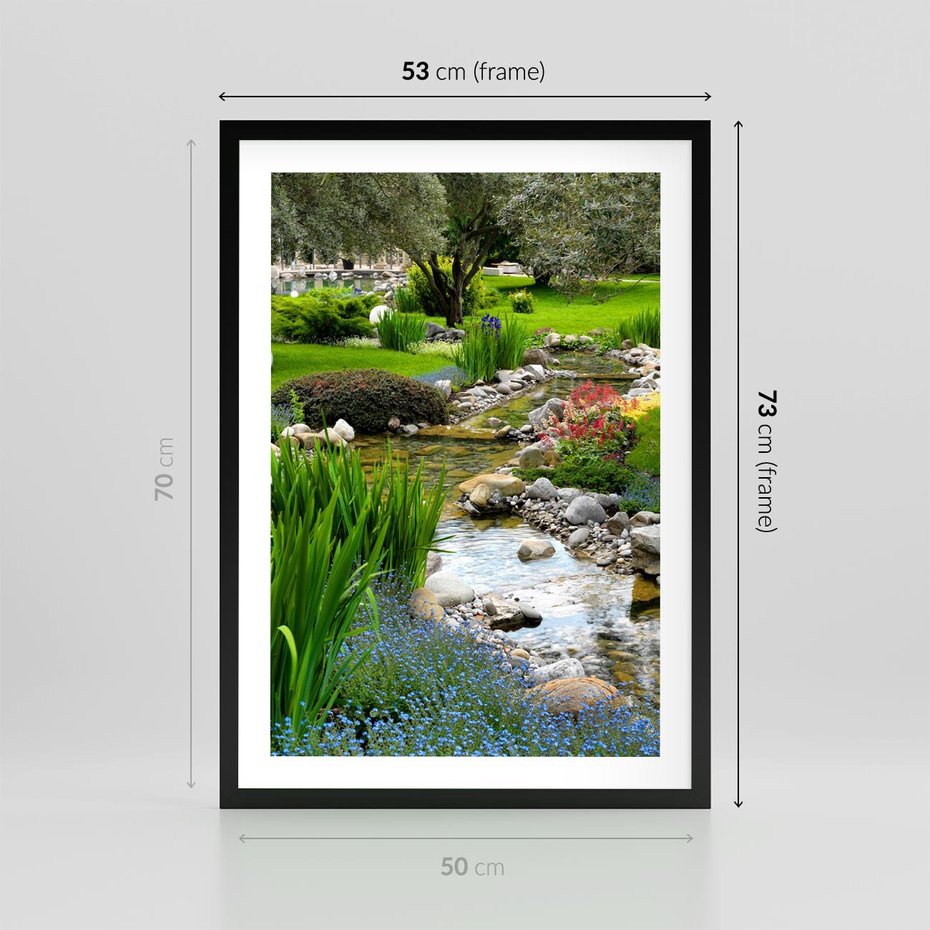 Plakat w ramie 50x70 - Ogródowy Strumyk - strumyk, ogród - rama czarna