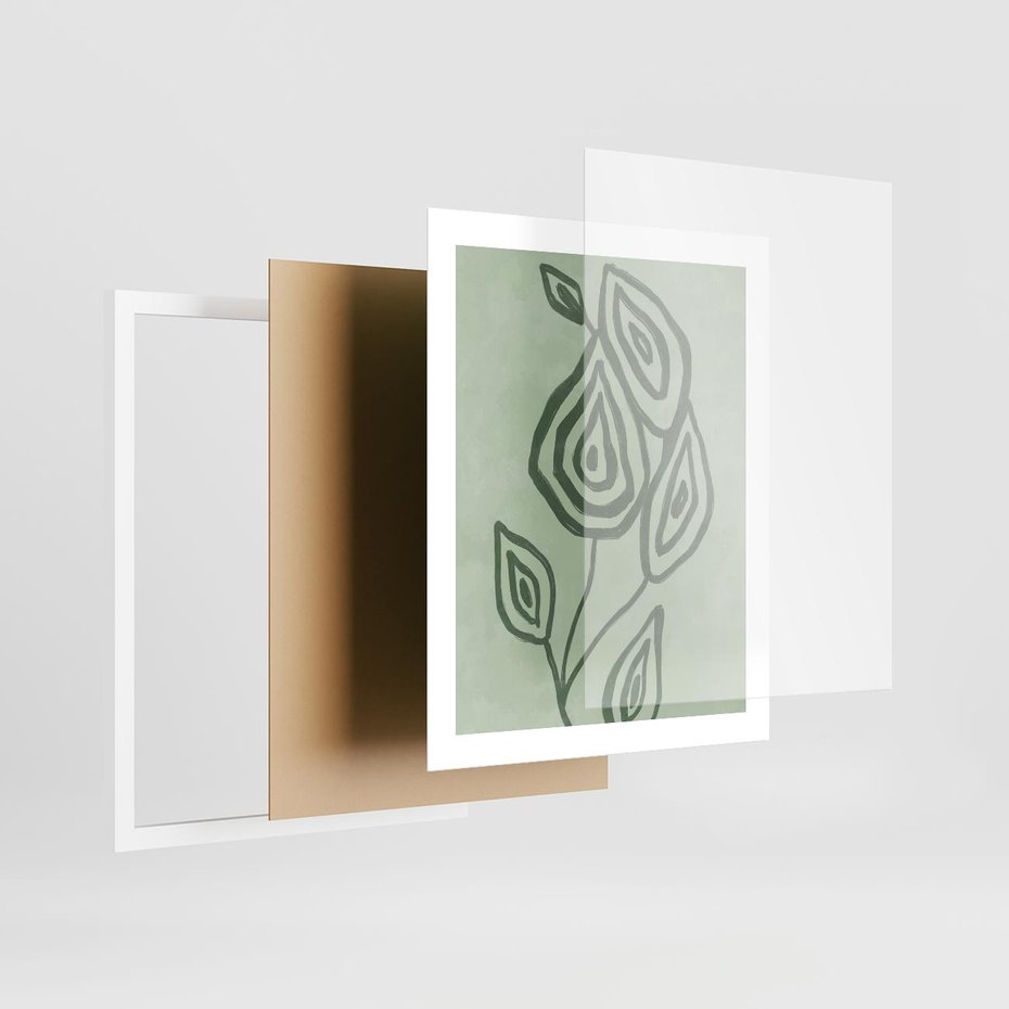 Plakat w ramie 40x50 - Szmaragdowy Oddech - abstrakcyjne delikatne zielone linie, podobne do gałęzi kwiatów - rama biała