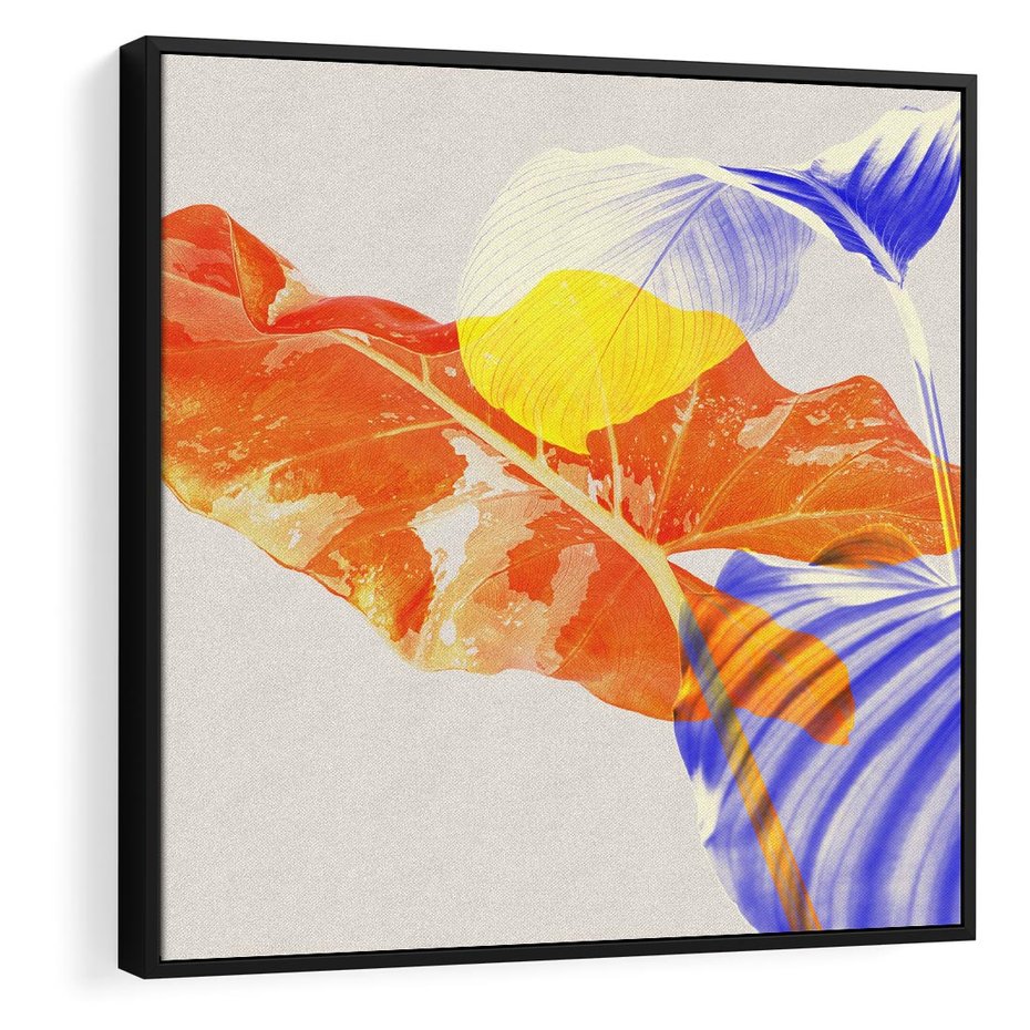 Obraz w ramie 50x50 - Energetyczne Indygo - retro, tropikalne liście - rama czarna