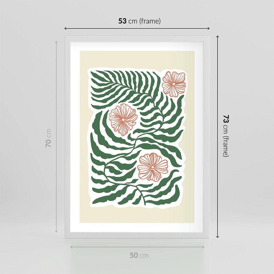 Plakat w ramie 50x70 - Migocące Wzory - abstrakcyjna kompozycja, paprocie - rama biała