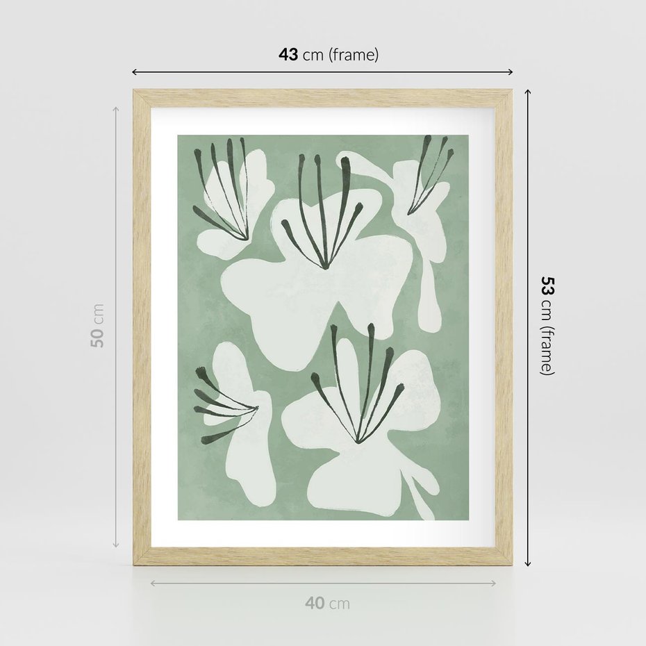 Plakat w ramie 40x50 - Rozkwitające Ukojenie - zgaszona zieleń, kwiaty - rama drewno