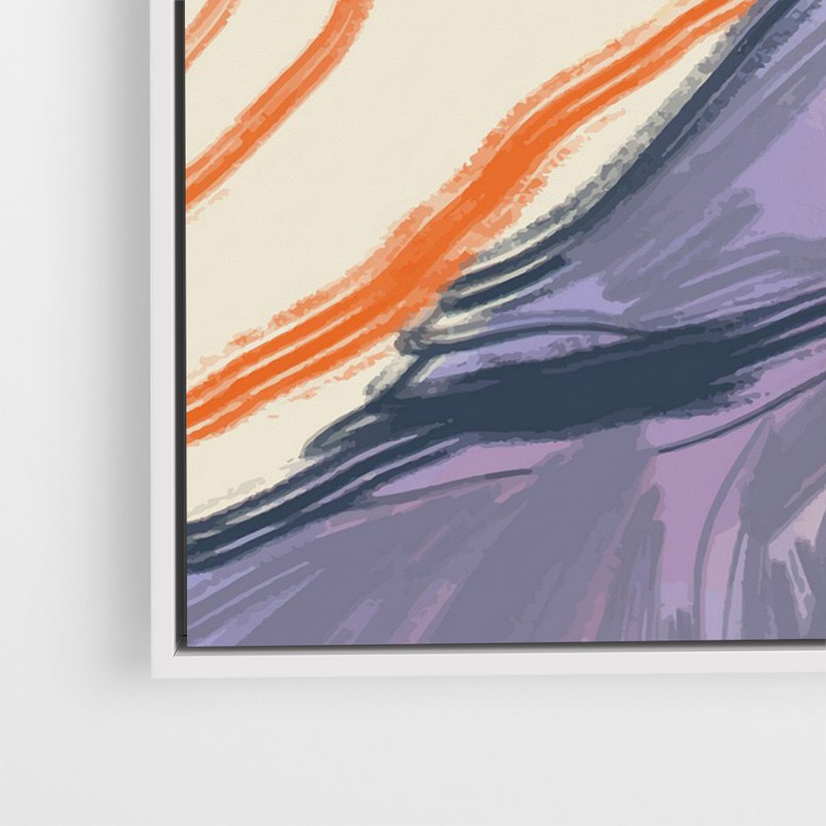 Obraz w ramie 70x100 - Pokreślony Świat - abstrakcyjne formy, odcienie pomarańczu i fioletu - rama biała