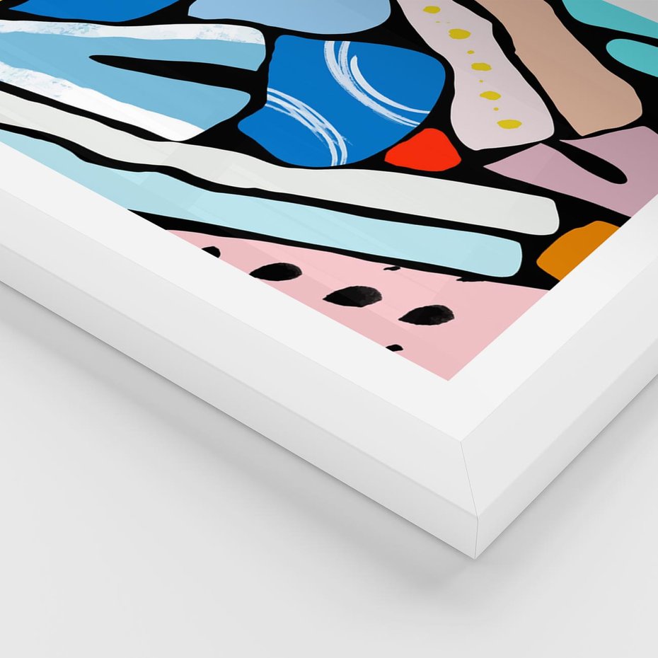 Plakat w ramie 30x40 - Kolory Na Czerni - abstrakcyjne formy, komiksowy styl - rama biała