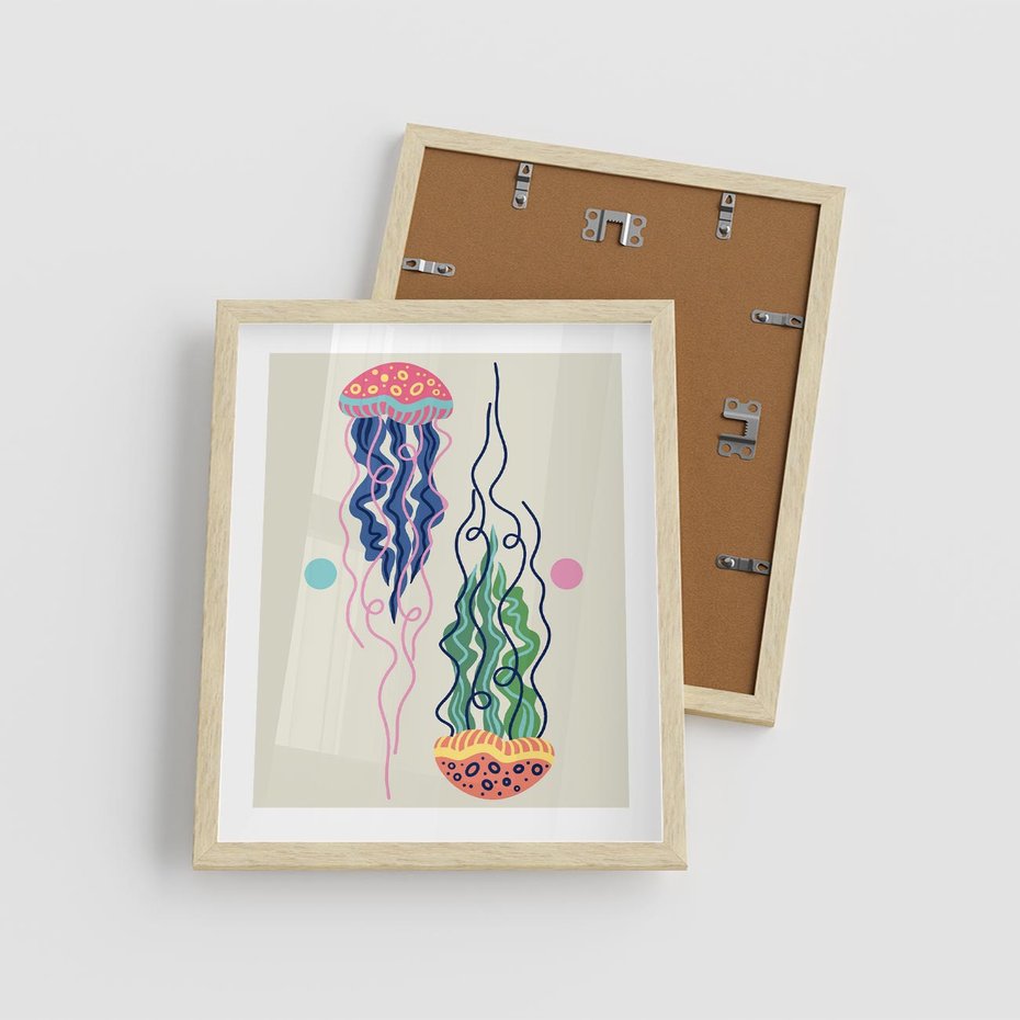 Plakat w ramie 40x50 - Morskie Pulsacje - nowoczesny optymistyczny plakat, kolorowe meduzy - rama drewno
