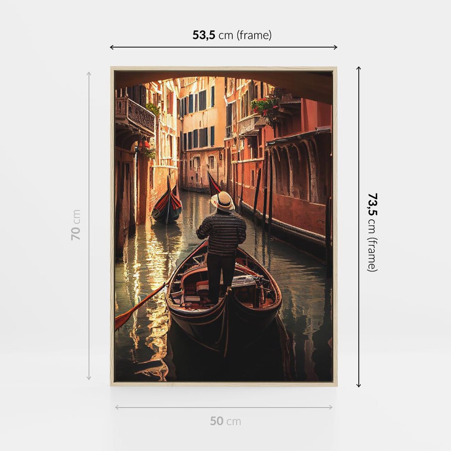 Obraz w ramie 50x70 - Spokojna Wenecja - gondolier w gondoli, kanały Wenecji - rama drewno