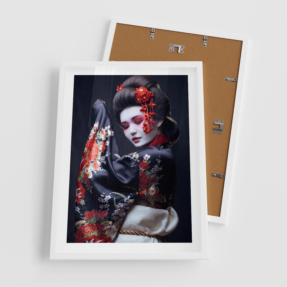 Plakat w ramie 50x70 - Elegancka japońska gejsza - japońska, gejsza - rama biała