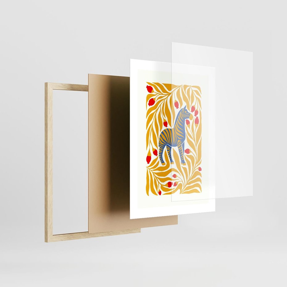 Plakat w ramie 30x40 - Zebra w Nowoczesności - abstrakcyjna nowoczesna grafika, pośrodku zebra - rama drewno