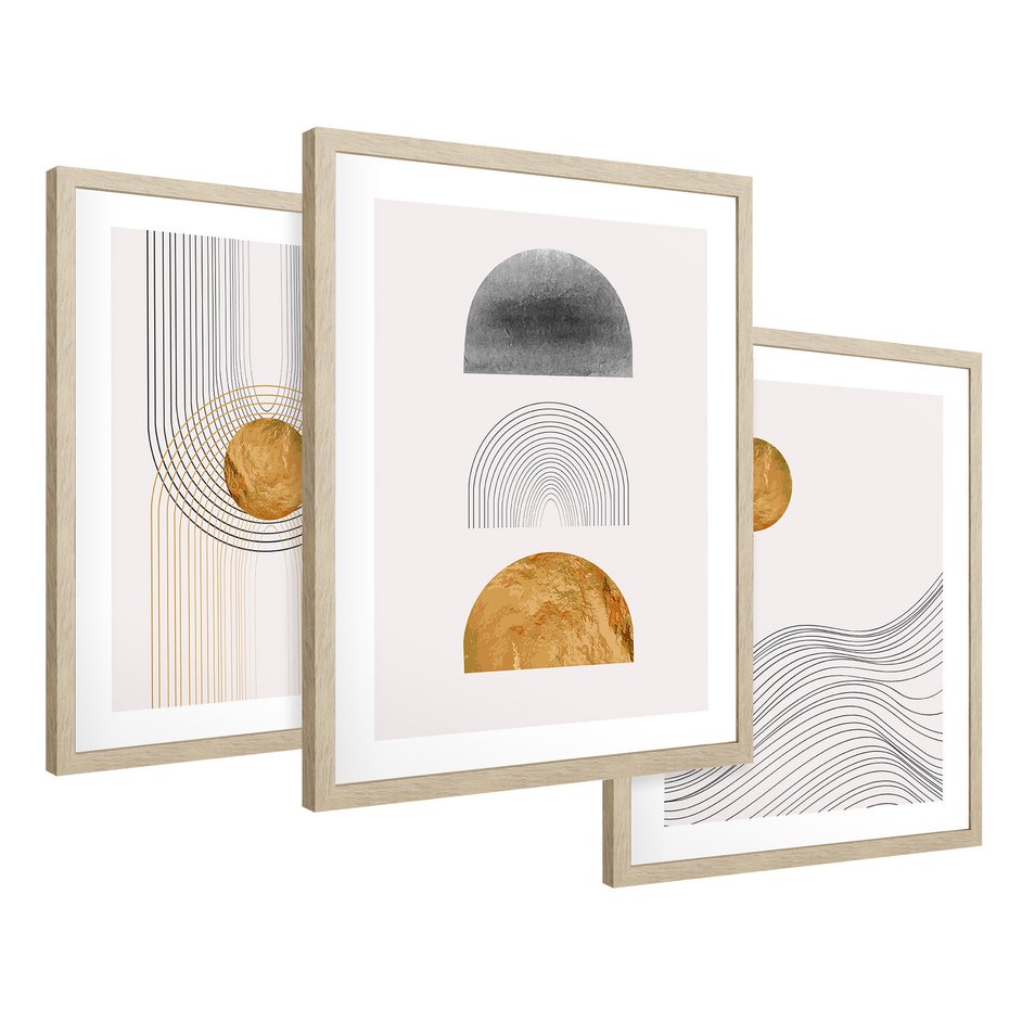 Zestaw obrazy w ramie 40x50 galeria - Minimalizm, japońskie, kształty, złoto - rama drewno