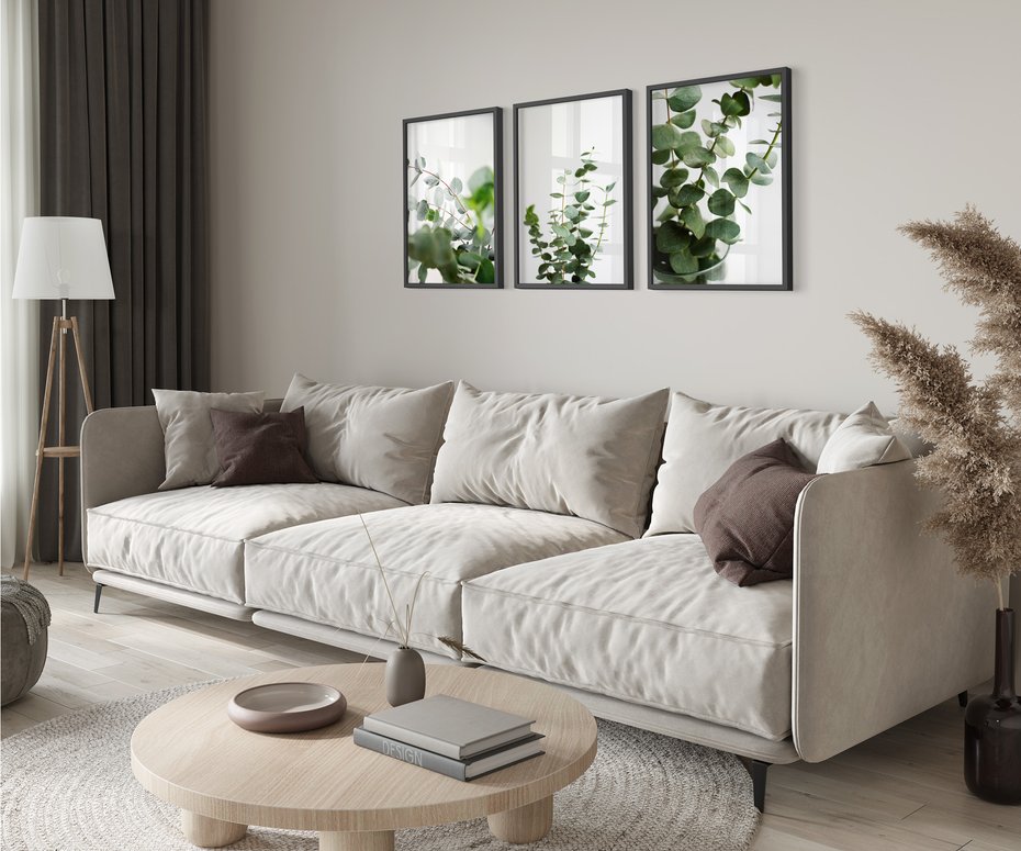 Zestaw obrazy w ramie 50x70 galeria - Eukaliptus, zielone, liście, minimalizm - rama czarna