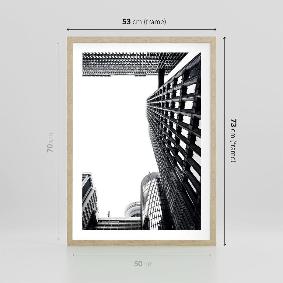 Plakat w ramie 50x70 - Monochromatyczna Sceneria Wieżowców - architektura, wieżowce - rama drewno