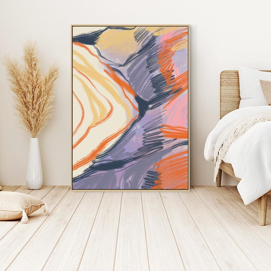 Obraz w ramie 80x120 - Pokreślony Świat - abstrakcyjne formy, odcienie pomarańczu i fioletu - rama drewno