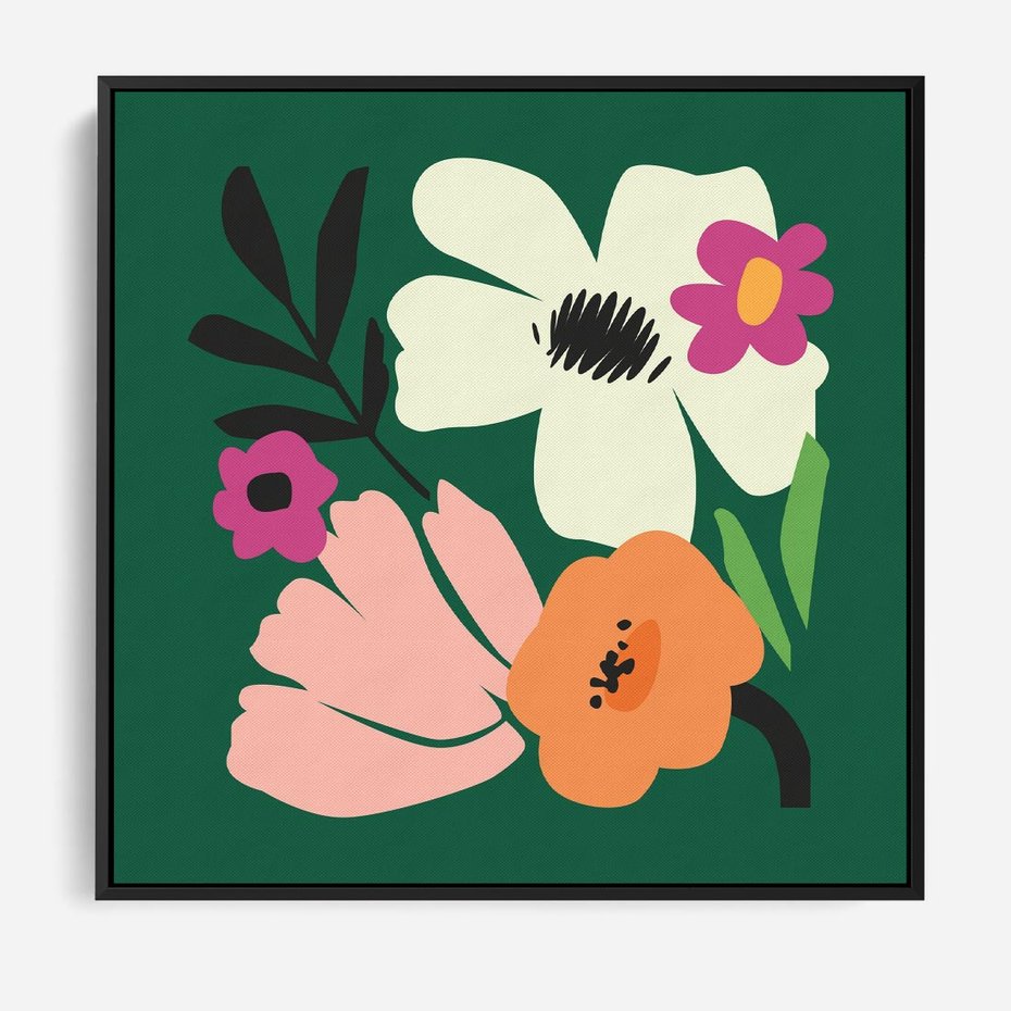 Obraz w ramie 50x50 - Rozbijające Echa - abstrakcyjne kwiaty, zielone tło - rama czarna