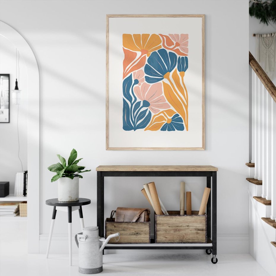 Plakat w ramie 50x70 - Wibracje Kolorowych Wiatrów - kwiaty, pastelowe kolory - rama drewno