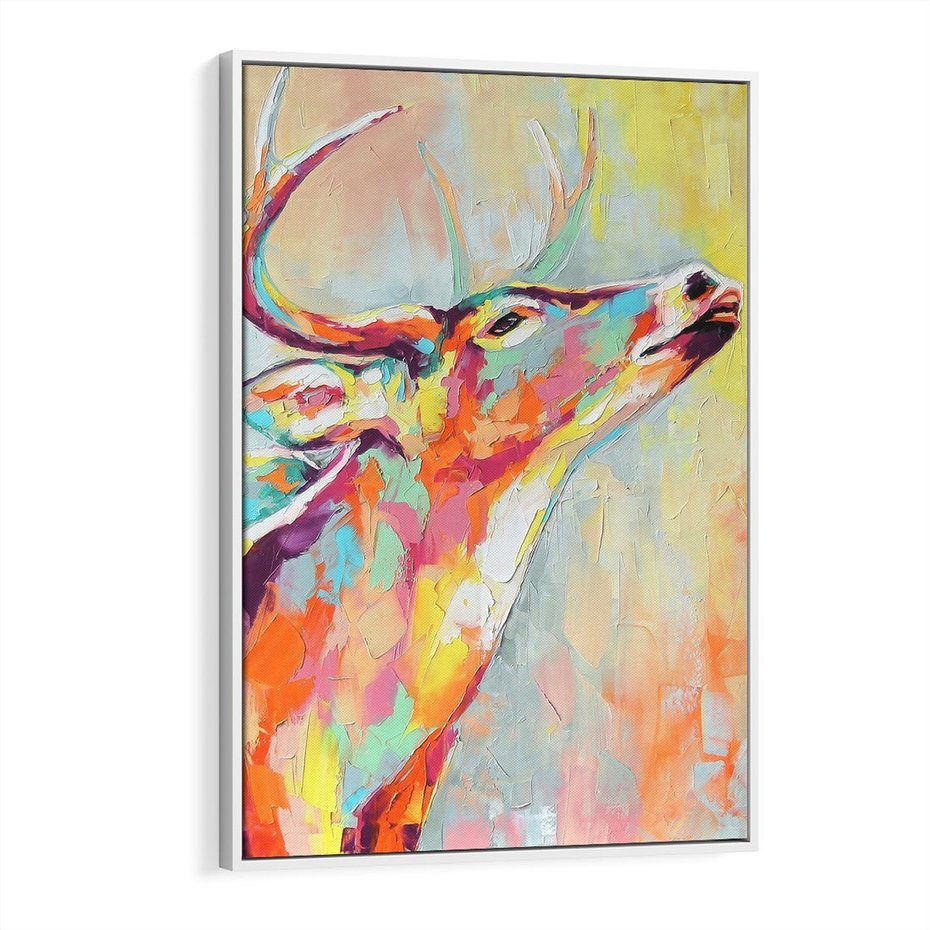 Obraz w ramie 70x100 - Impresje snów malarza - kolorowy olejny obraz, jeleń ryczący na rykowisku - rama biała