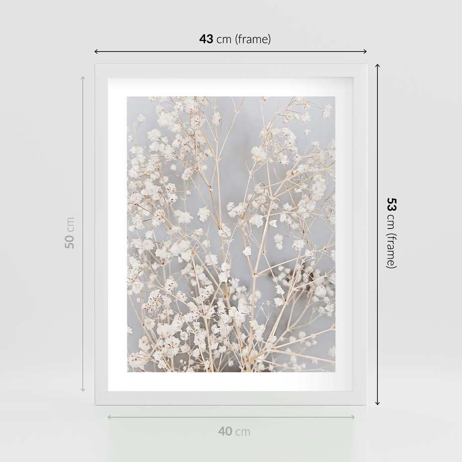 Plakat w ramie 40x50 - Białe Drobne Kwiaty - gipsówka, białe drobne kwiatki - rama biała