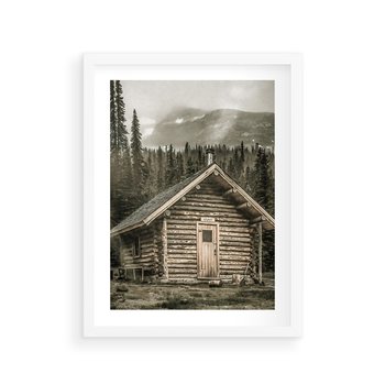 Plakat w ramie 40x50 - Urok Drewnianej Chatki w Górach - chatka w górach, drewniany domek - rama biała