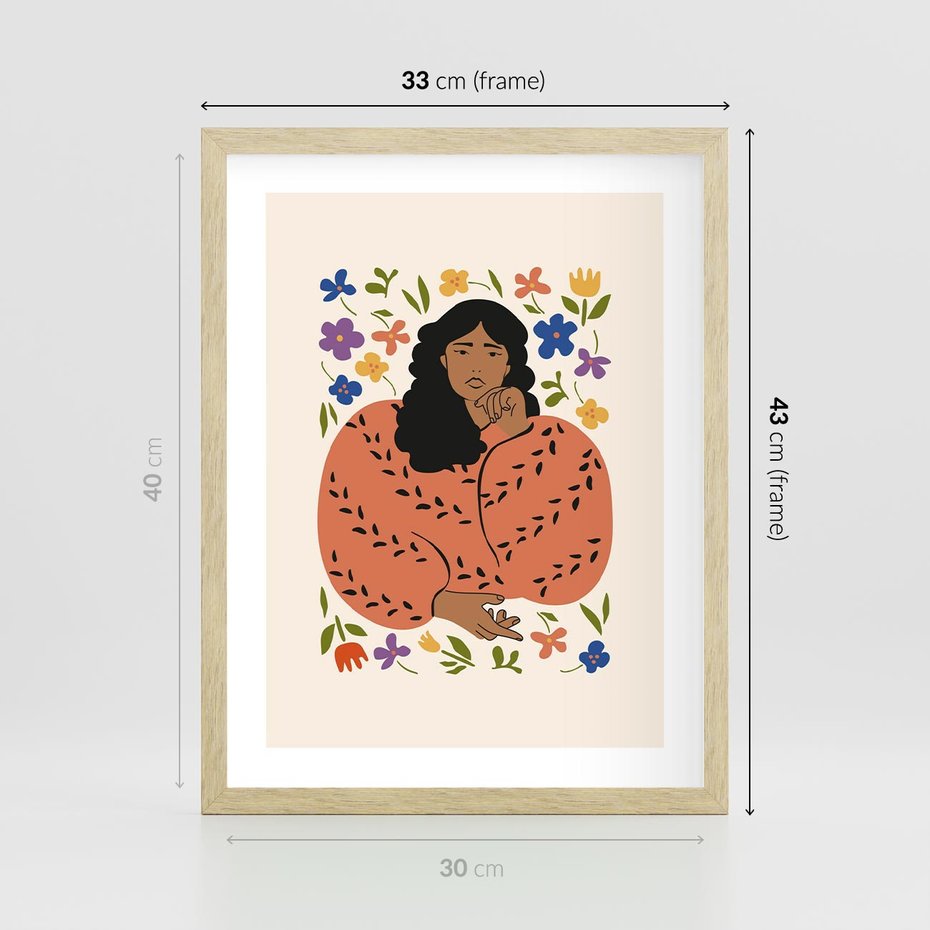 Plakat w ramie 30x40 - Rozplątane Emocje - nowoczesny plakat, kobieta otoczona kwiatami - rama drewno