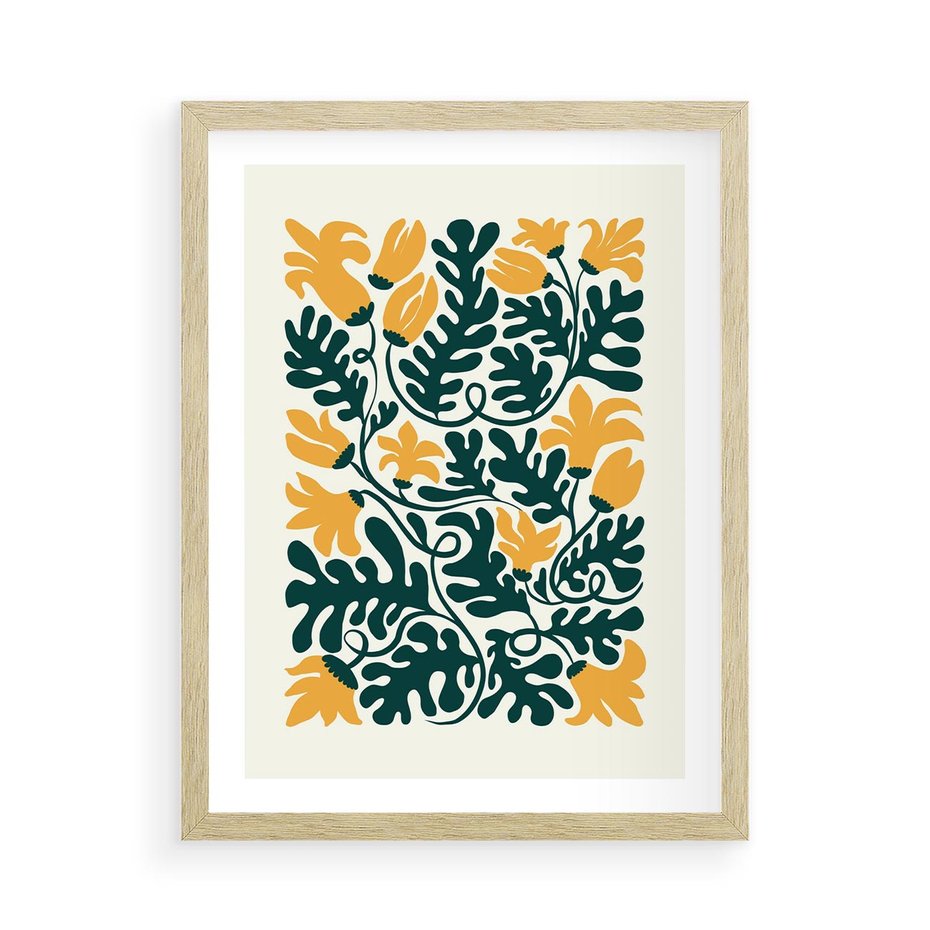 Plakat w ramie 50x70 - Impulsy Kreatywności - abstrakcyjne żółte kwiaty, kompozycja - rama drewno