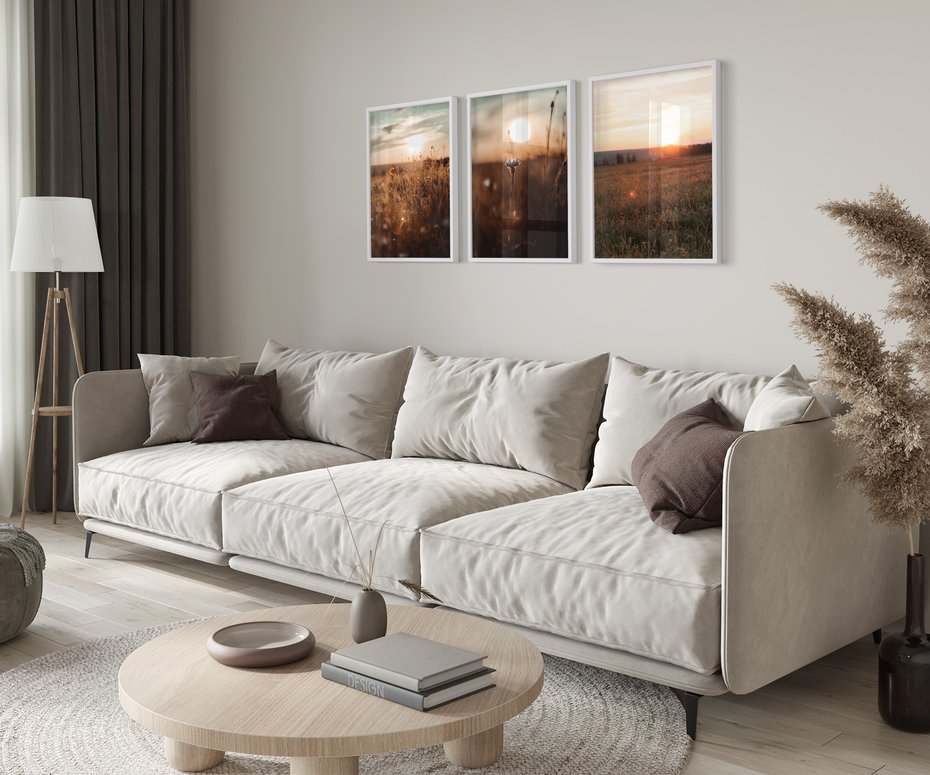 Zestaw obrazy w ramie 40x50 galeria - Zachód, słońca, łąka, kwiaty - rama biała