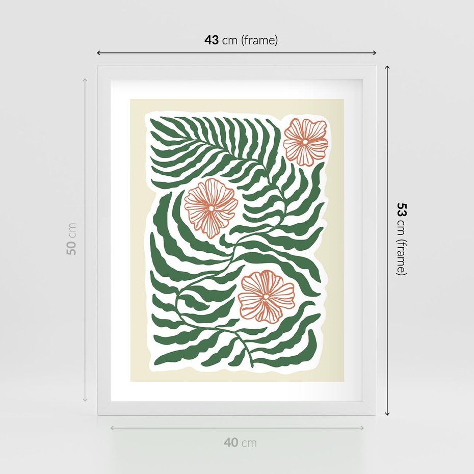 Plakat w ramie 40x50 - Migocące Wzory - abstrakcyjna kompozycja, paprocie - rama biała