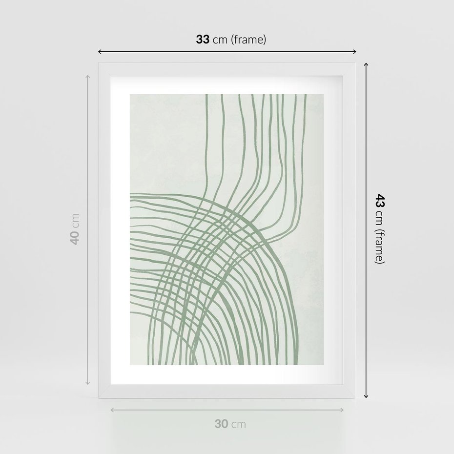 Plakat w ramie 30x40 - Migotliwa Spokojna Zieleń - zielony plakat, abstrakcyjne splątane linie - rama biała