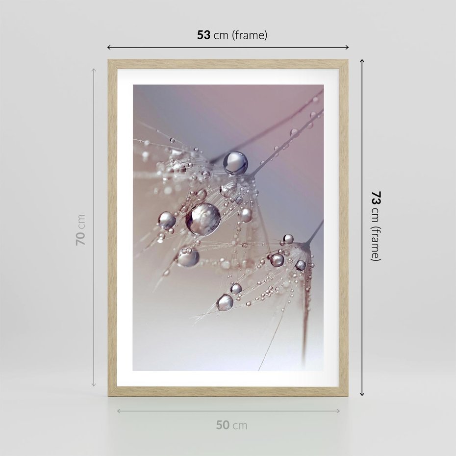 Plakat w ramie 50x70 - Delikatne Natchnienie - krople, dmuchawce - rama drewno