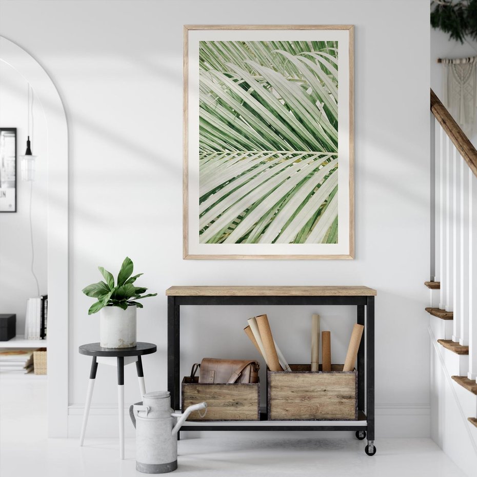 Plakat w ramie 30x40 - Liście Palmy: Egzotyczna Grafika - palma, liście palmy - rama drewno