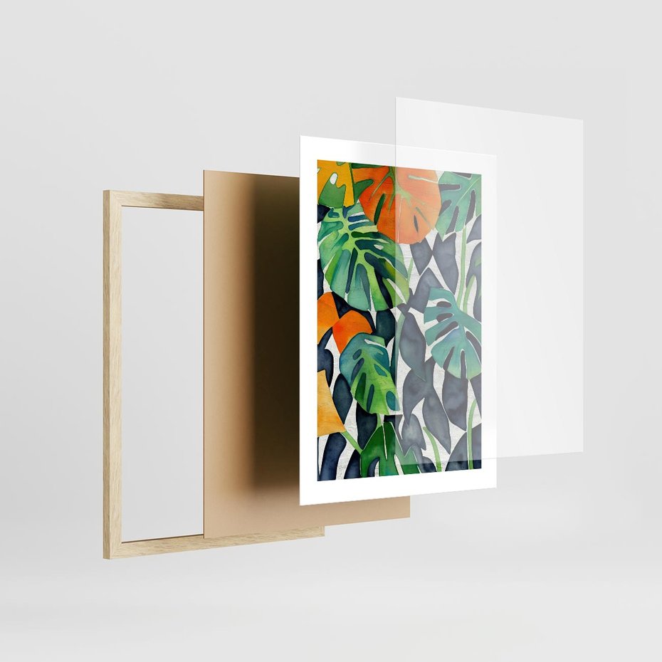 Plakat w ramie 30x40 - Tropikalne Pragnienia - akwarela, liście tropikalne - rama drewno