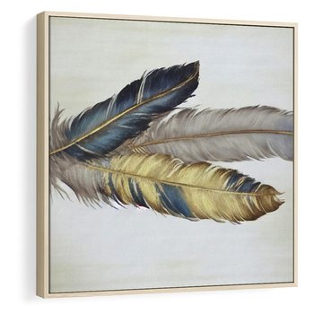 Obraz w ramie 80x80 - Granatowo-Złote Pióra - sztuka, granatowe i złote pióra - rama drewno