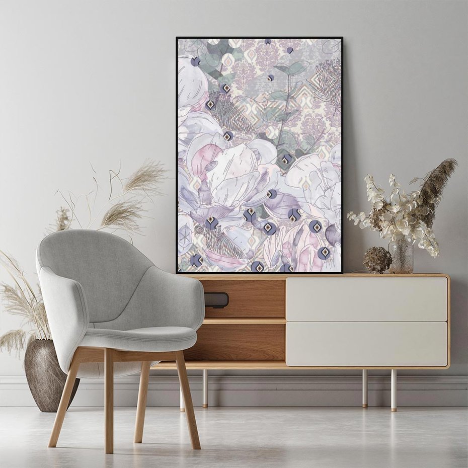 Obraz w ramie 70x100 - Malowane oddechy istnienia - pomieszane tekstury, kwiatowe elementy - rama czarna