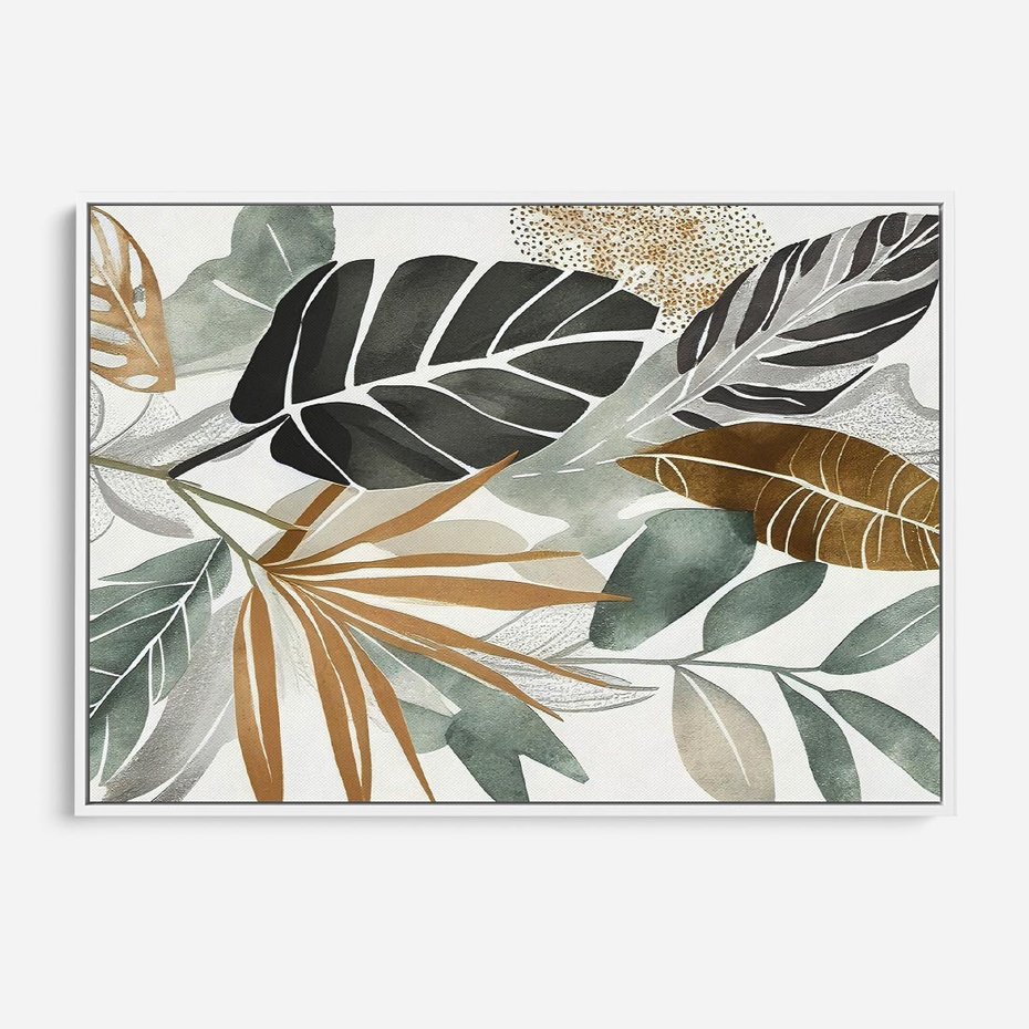 Obraz w ramie 100x70 - Współbrzmienie wewnętrznego ja - kompozycja z tropikalnych liści, stonowane kolory - rama biała
