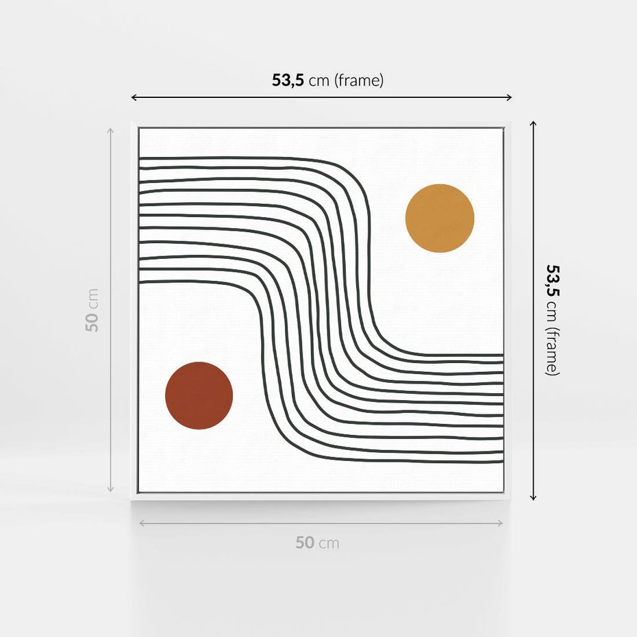 Obraz w ramie 50x50 - Kontury Harmonii - nieregularne linie, koła - rama biała