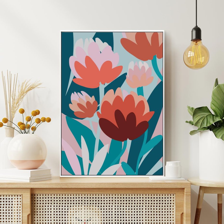 Obraz w ramie 50x70 - Symfonia Kwiatów - abstrakcyjna kompozycja kwiatowych form, kolor zgaszone - rama biała