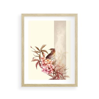 Plakat w ramie 40x50 - Kwiatowe Zanurzenie - japońska sztuka, ptak - rama drewno