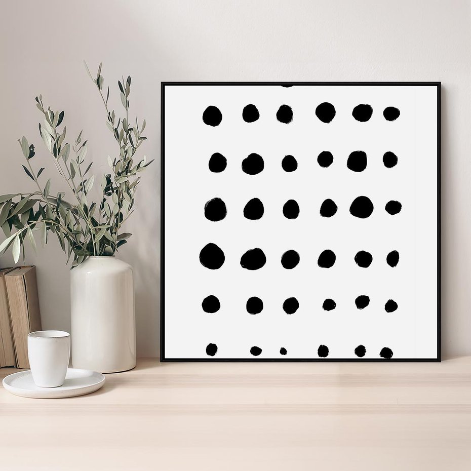 Obraz w ramie 50x50 - Refleksje Światła - minimalistyczna kompozycja, czarne kropkina białym tle - rama czarna