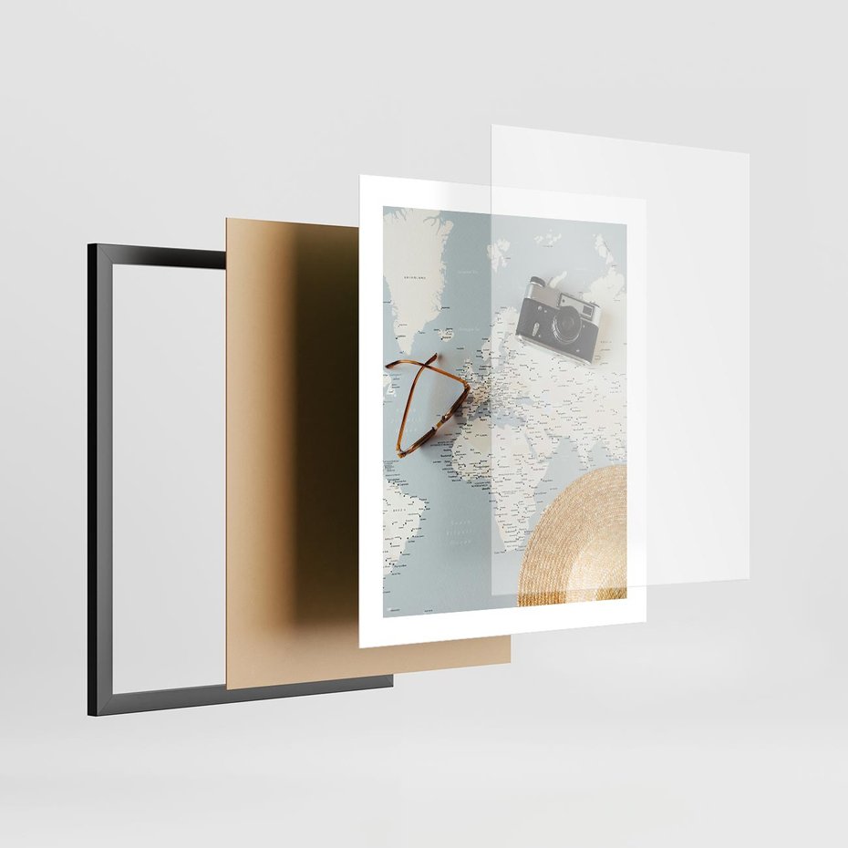 Plakat w ramie 40x50 - Świat w Kadrze - mapa, aparat - rama czarna