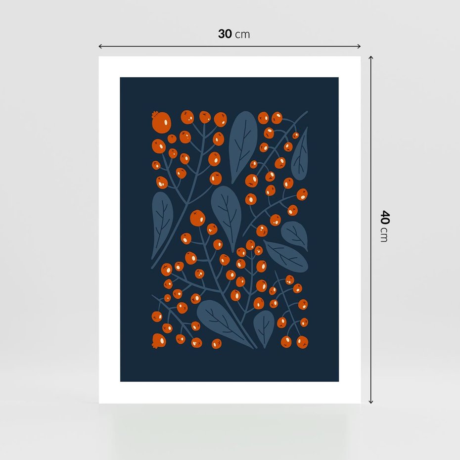 Plakat bez ramy 30x40 - Symfonia liści i owoców - granatowe tło, pomarańczowe owoce jarzębiny