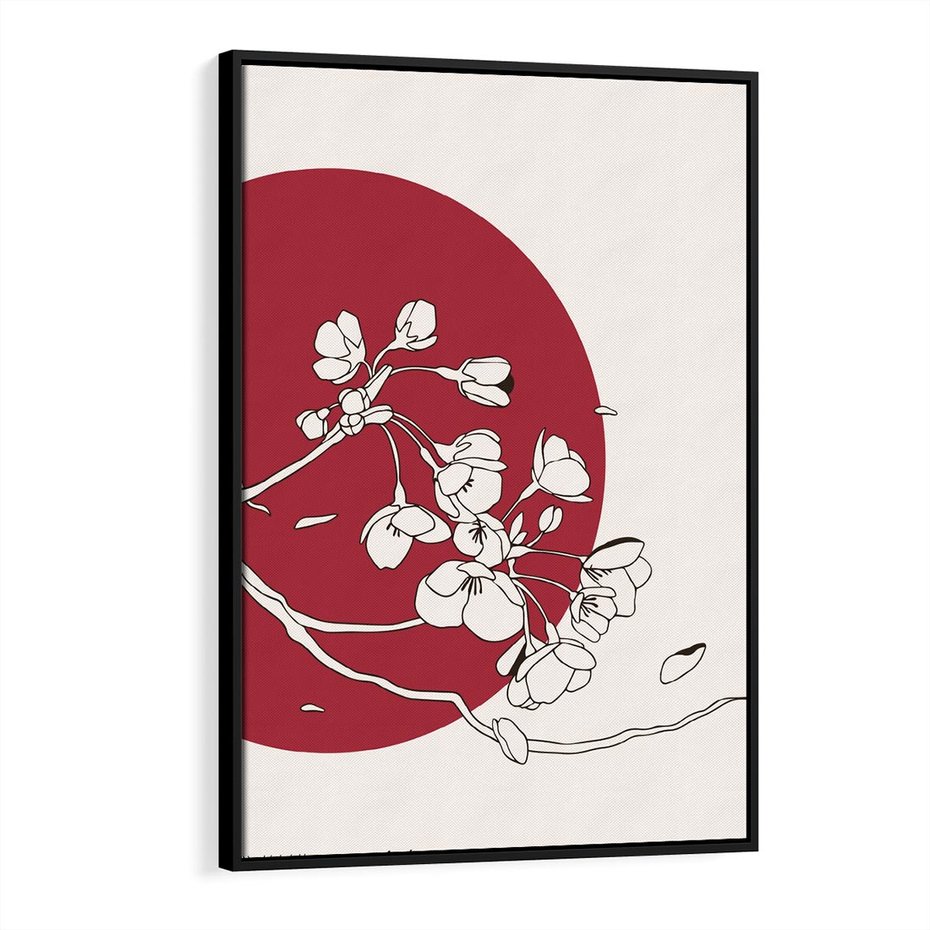 Obraz w ramie 70x100 - Esencja Zen - kwiatnąca wiśnia, orientalna grafika - rama czarna