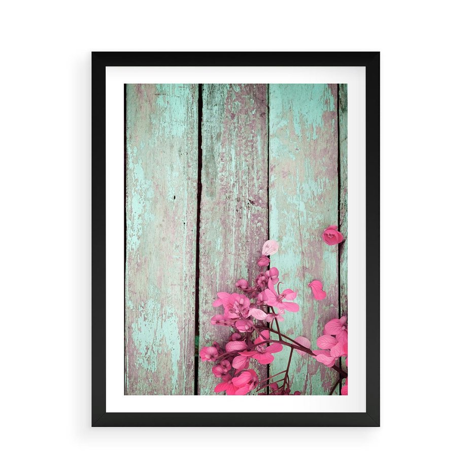 Plakat w ramie 50x70 - Urok Dawnych Czasów - kwiaty, deski - rama czarna