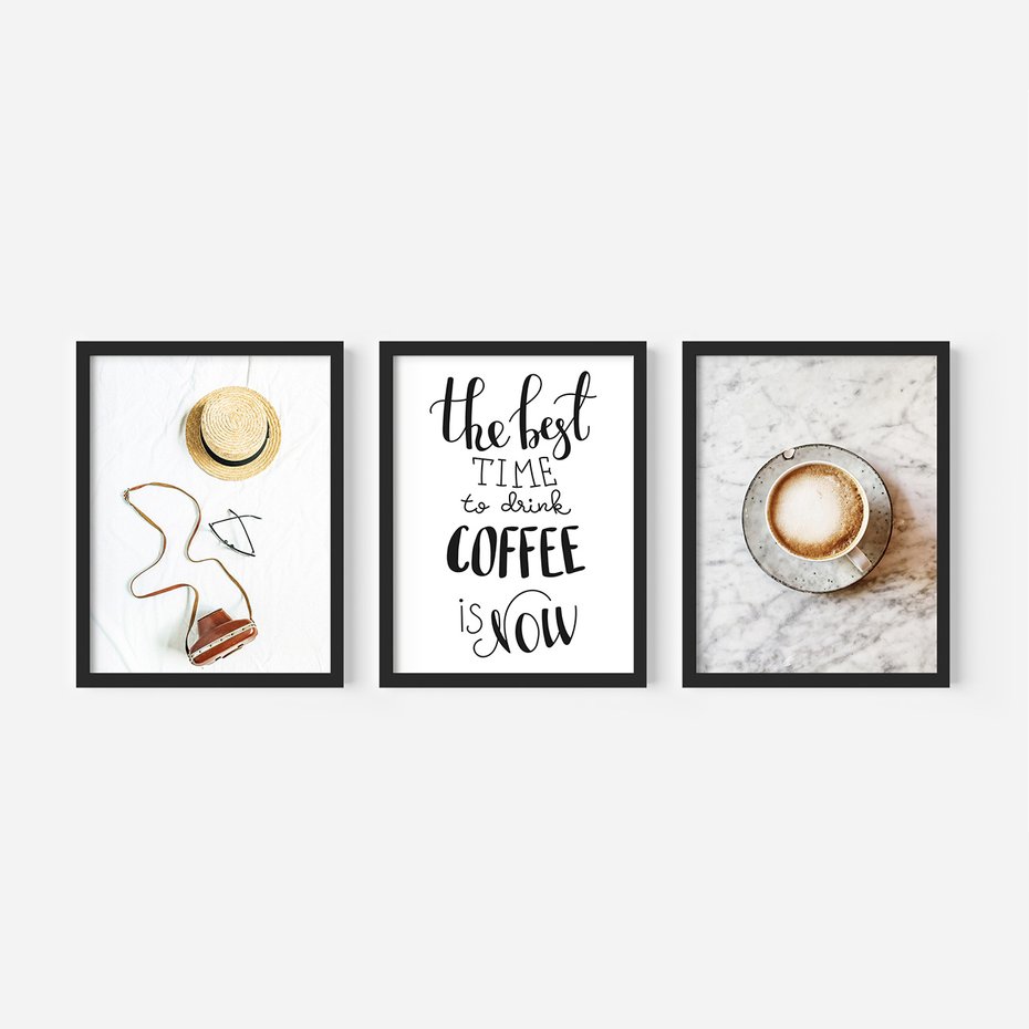 Zestaw obrazy w ramie 50x70 galeria - Kawa, podróż, kapelusz, boho - rama czarna