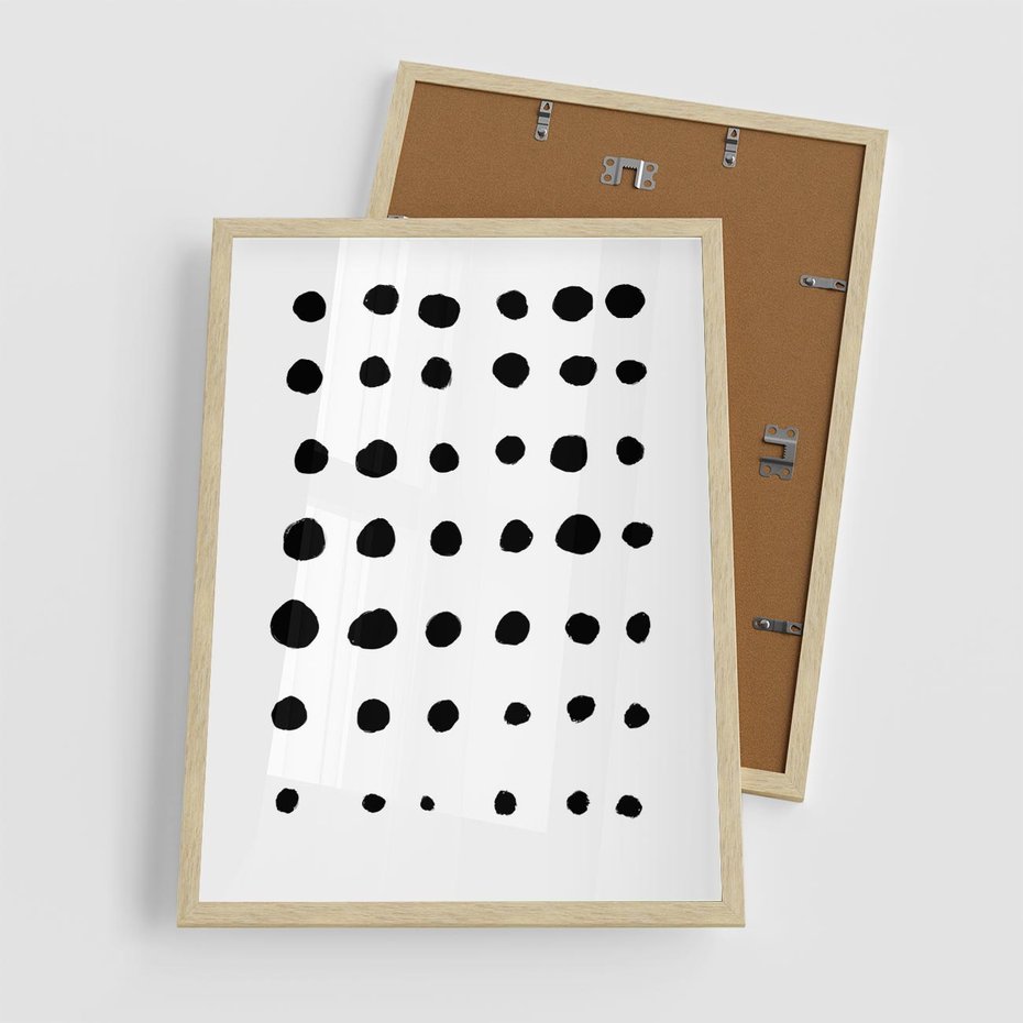 Plakat w ramie 50x70 - Migocące Anomalie - abstrakcyjna kompozycja z czarnych kropek, minimalistyczny czarno bialy plakat - rama drewno