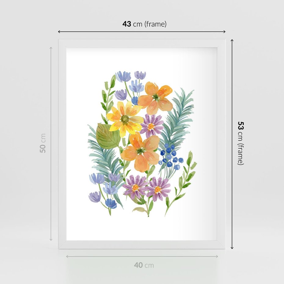 Plakat w ramie 40x50 - Migocące Widoki Kwiatów - akwarelowe polne kwiaty, minimalistyczny plakat - rama biała