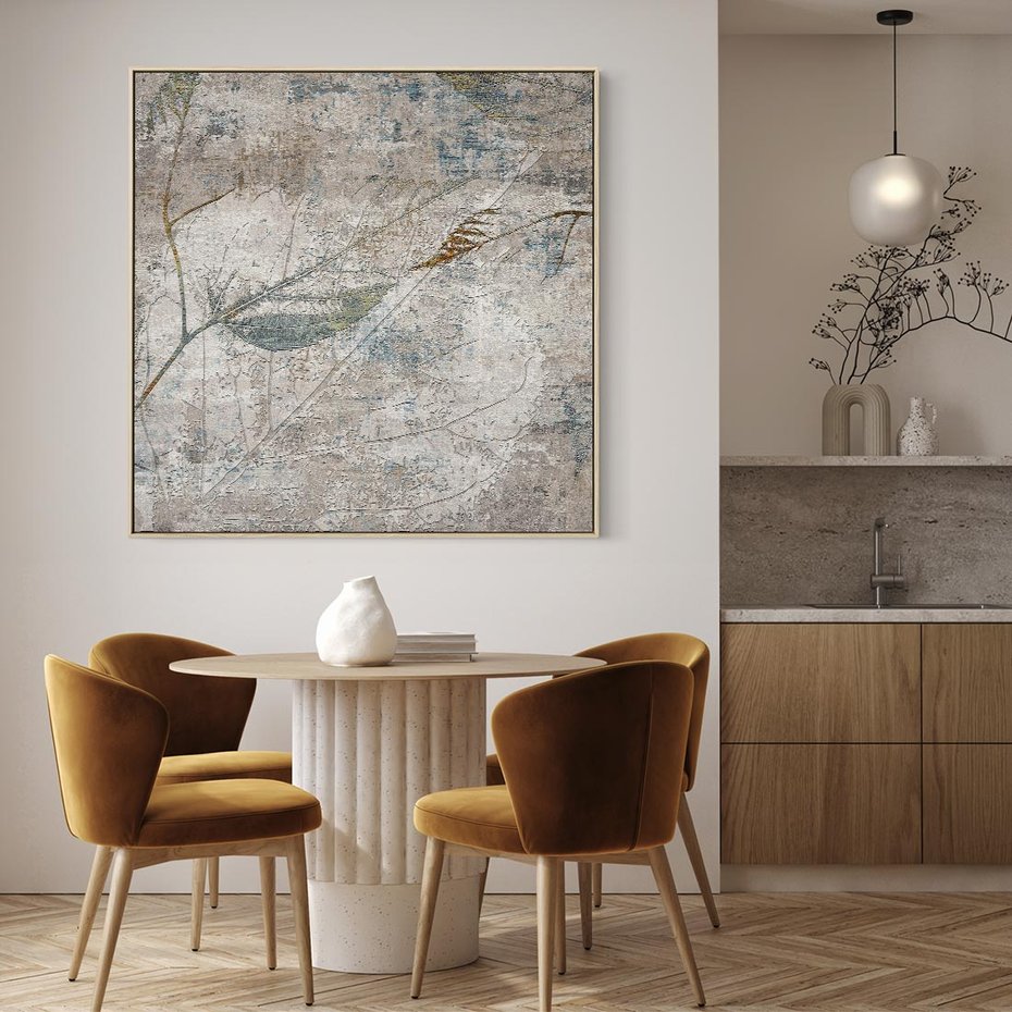 Obraz w ramie 80x80 - Betonowe Wspomnienia Liści - odciski w betonie, odbitki - rama drewno