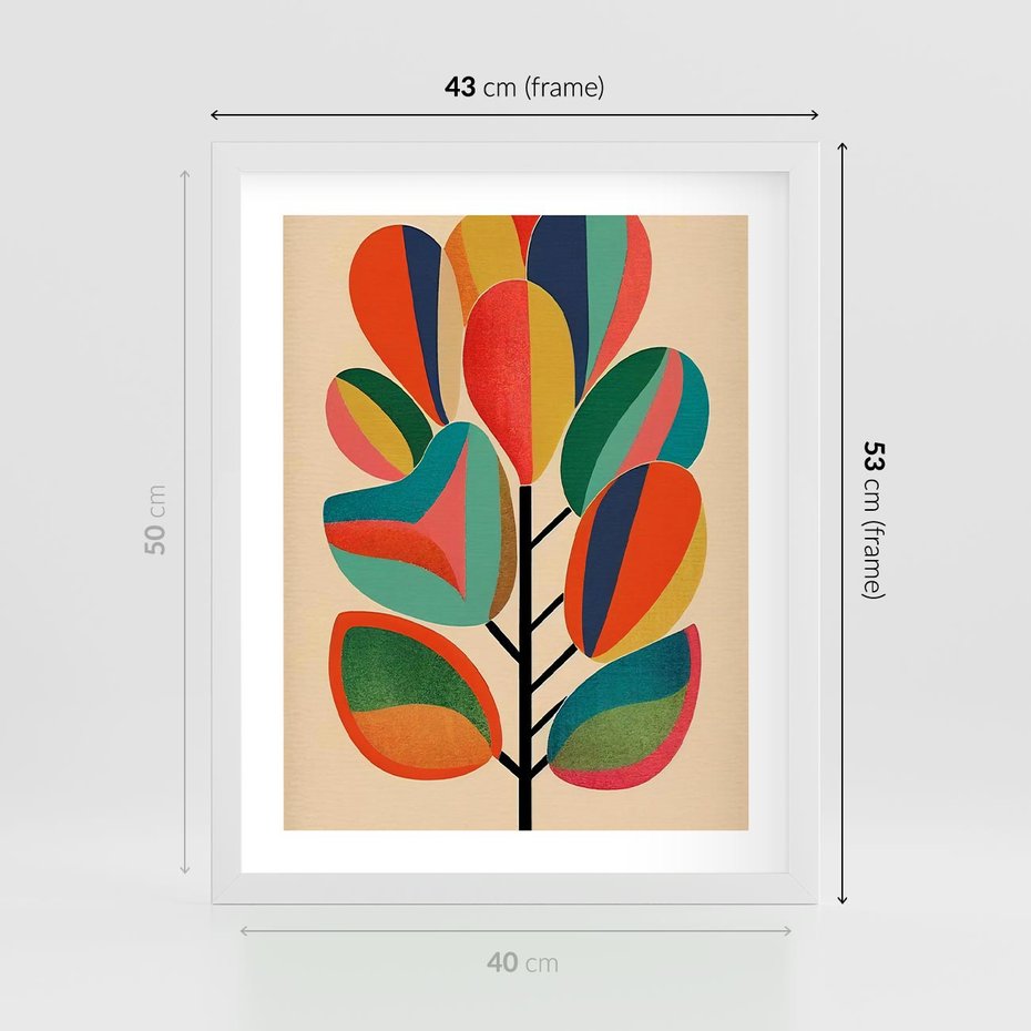 Plakat w ramie 40x50 - Wnętrza Kształtów - abstrakcyjny kolorowy tęczowy obraz, inspiracje roślinne - rama biała