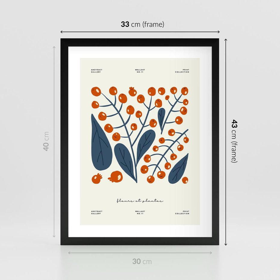 Plakat w ramie 30x40 - Minimalistyczna Uroda Jarzębin - jarzębiny, niebieskie liście - rama czarna