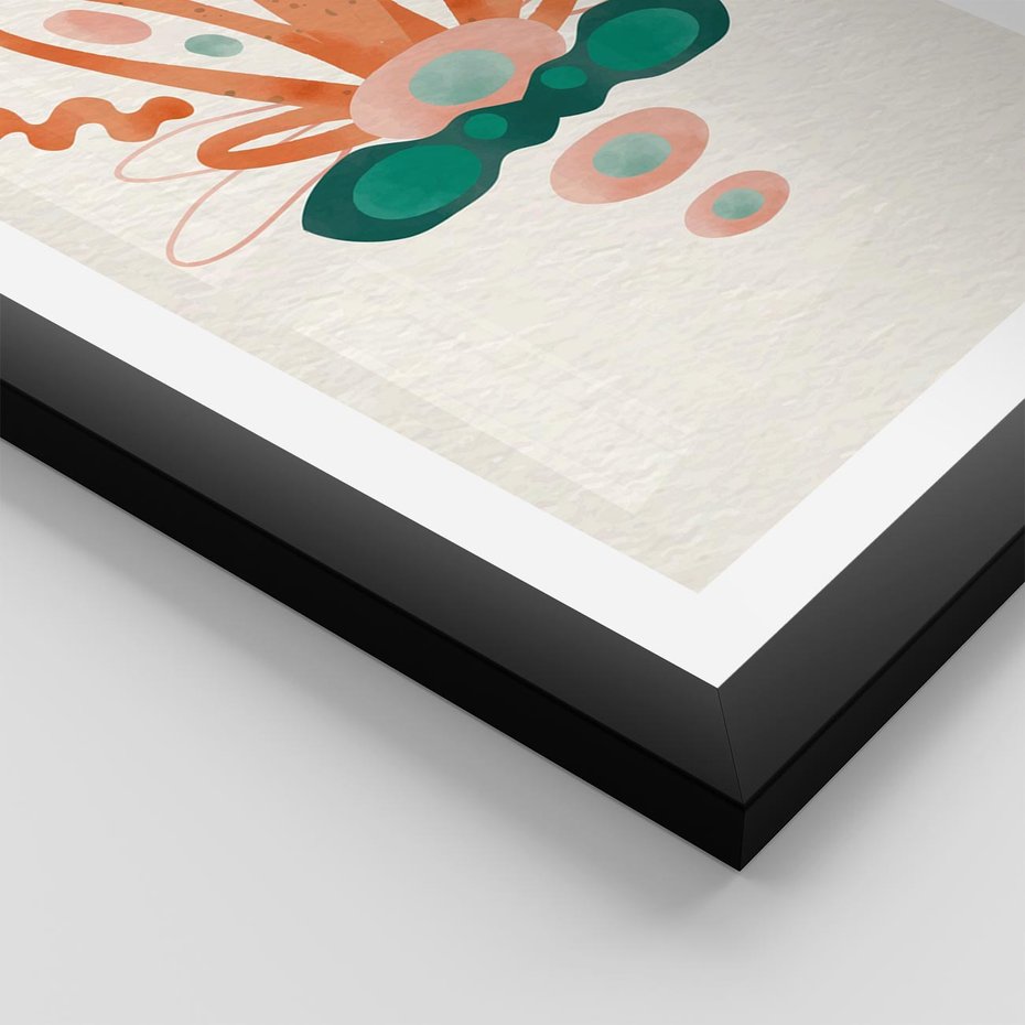 Plakat w ramie 50x70 - Harmonia Nienormalności - akwarelowe abstrakcyjne kształty, zieleń i pomarańcz - rama czarna