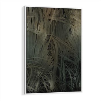 Obraz w ramie 80x120 - Światło w mroku duszy - liście traw, mroczny klimat - rama biała