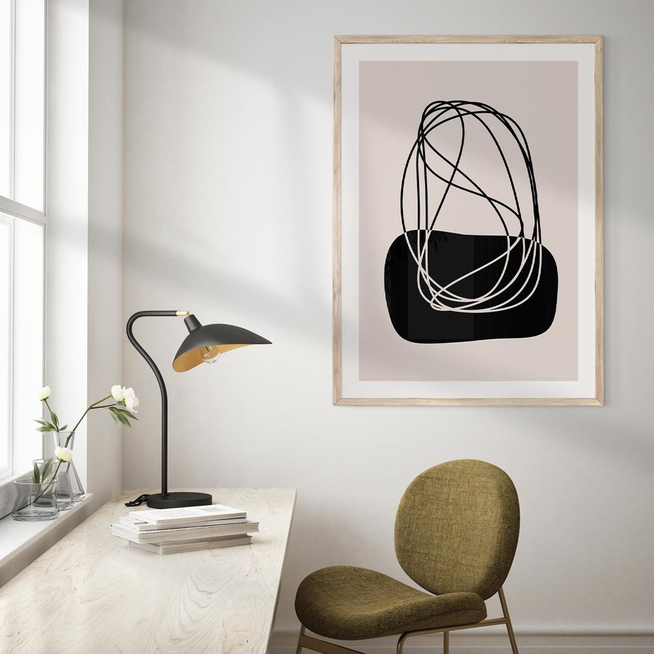 Plakat w ramie 30x40 - Linie Eksploracji - abstrakcyjne szkicowane linie, minimalizm - rama drewno